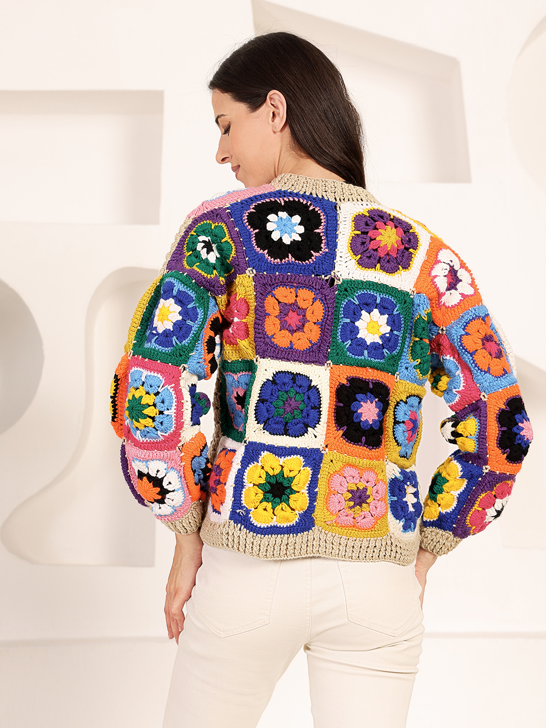 Velvery Crochet Front Open Granny Square Sweater - Beige