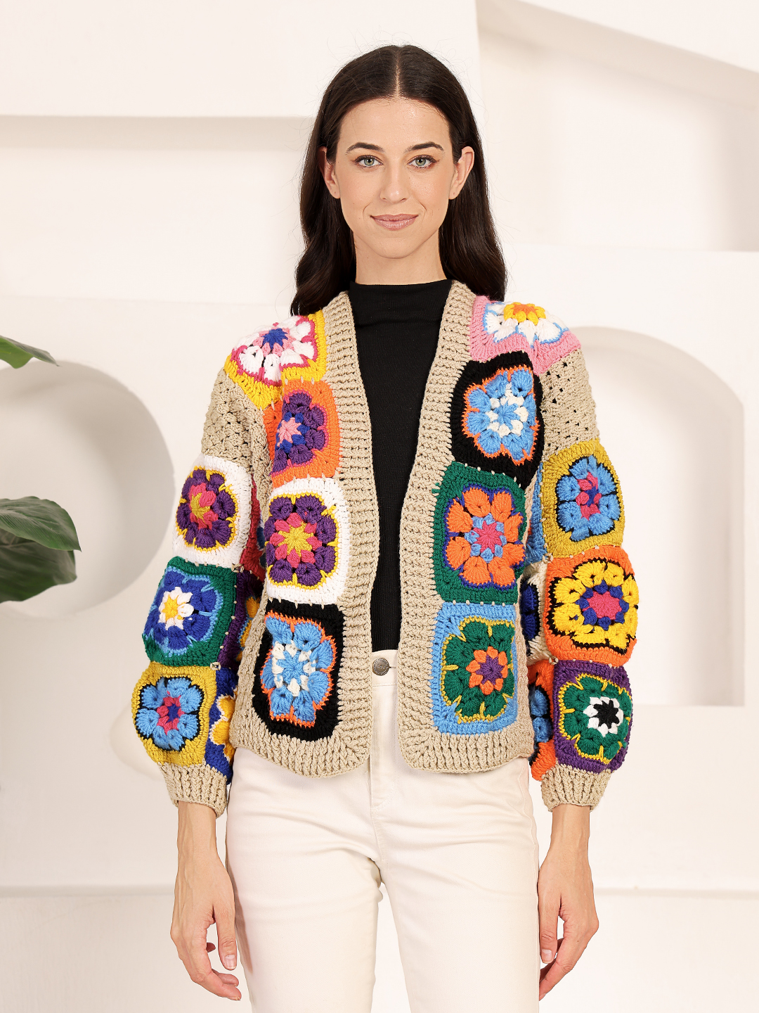Velvery Crochet Front Open Granny Square Sweater - Beige