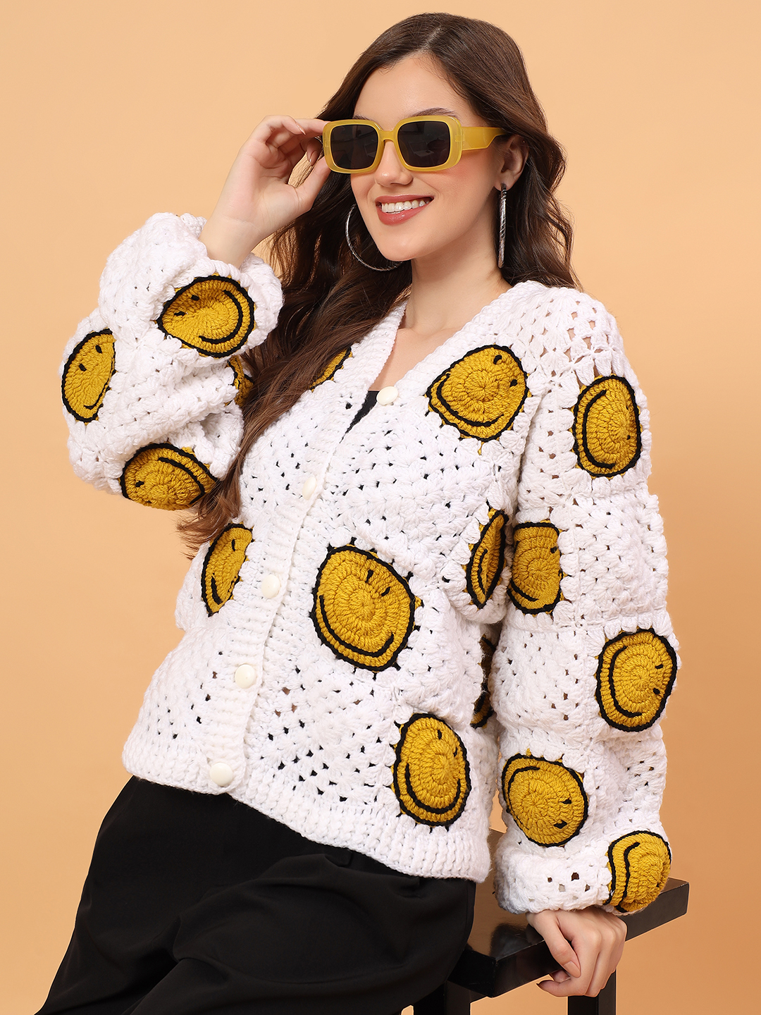 Velvery Crochet Oversized Smiley Face Cardigan - Cream
