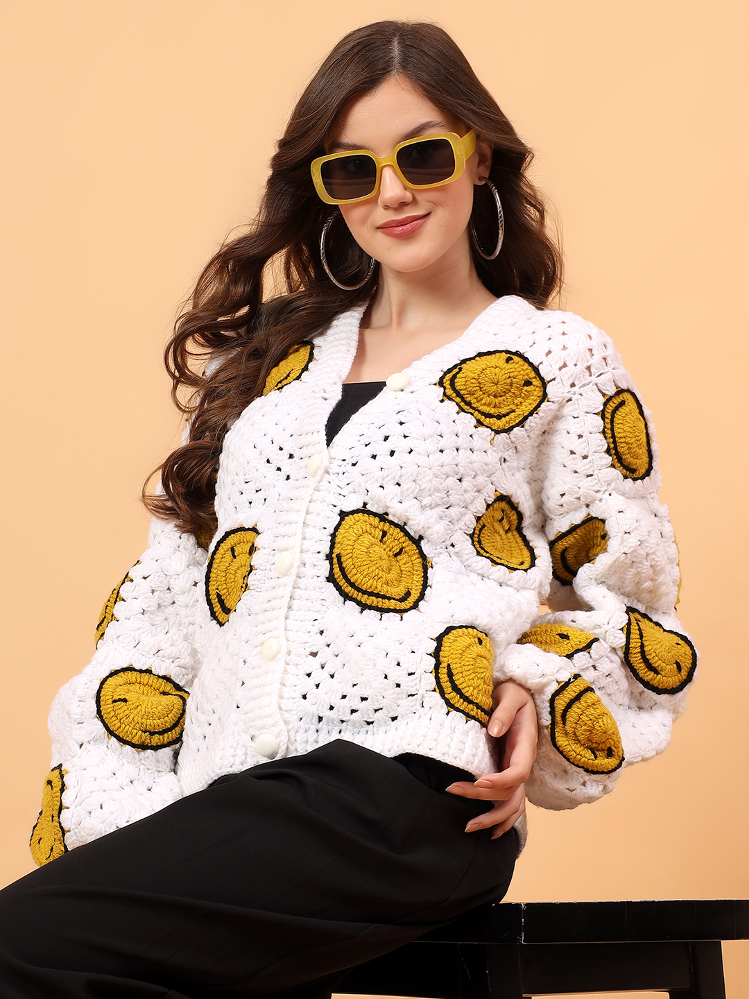 Velvery Crochet Oversized Smiley Face Cardigan - Cream
