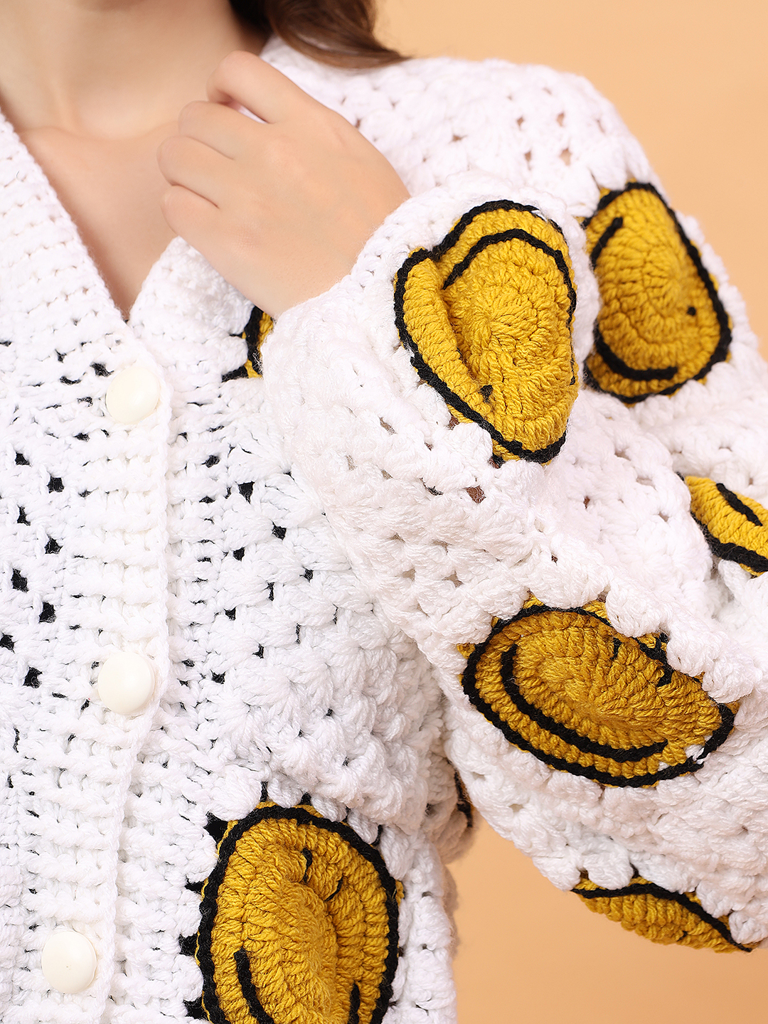 Velvery Crochet Oversized Smiley Face Cardigan - Cream