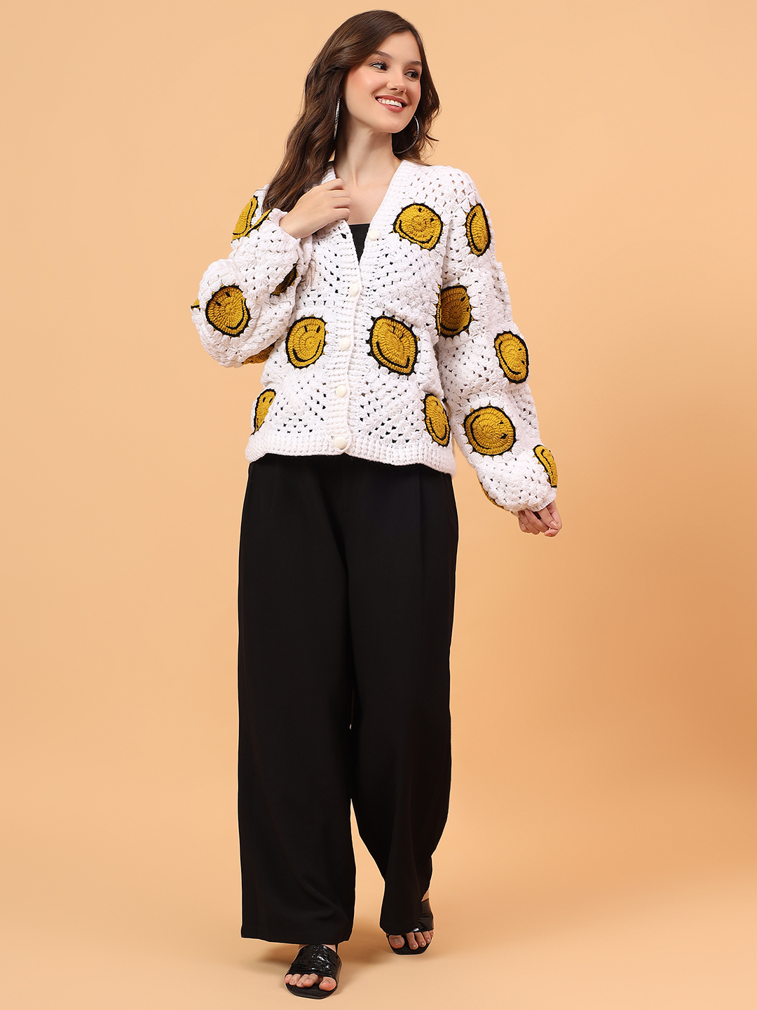 Velvery Crochet Oversized Smiley Face Cardigan - Cream