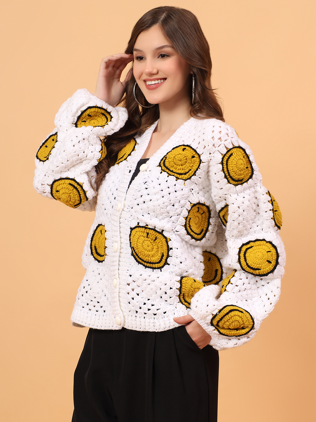 Velvery Crochet Oversized Smiley Face Cardigan - Cream