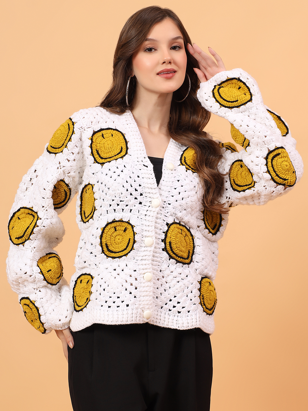 Velvery Crochet Oversized Smiley Face Cardigan - Cream