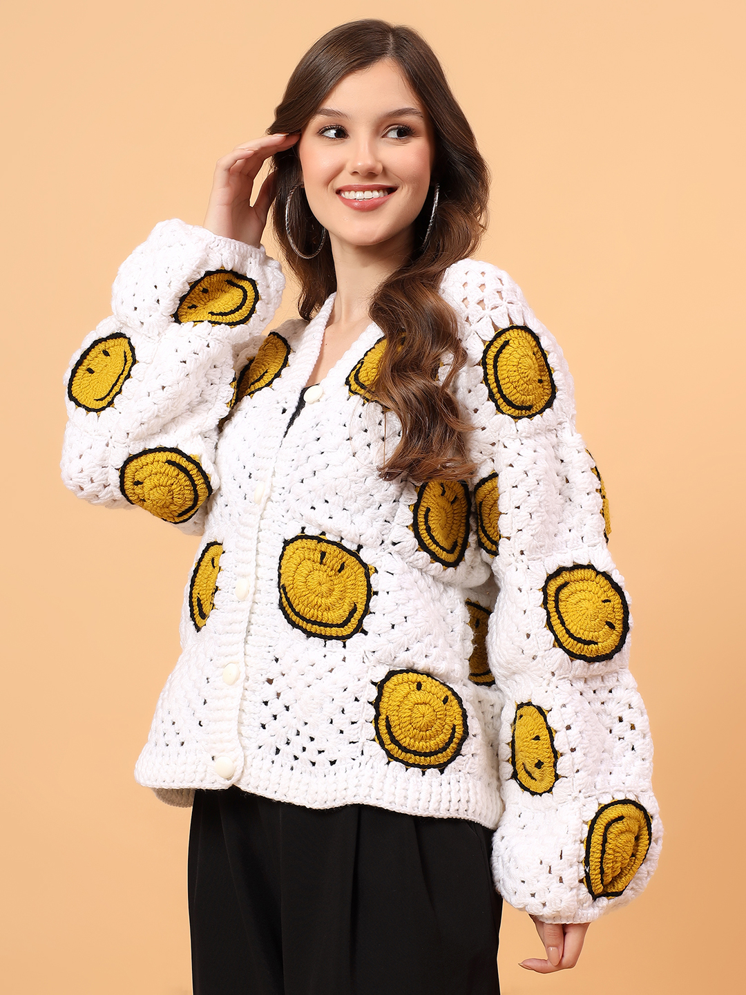 Velvery Crochet Oversized Smiley Face Cardigan - Cream