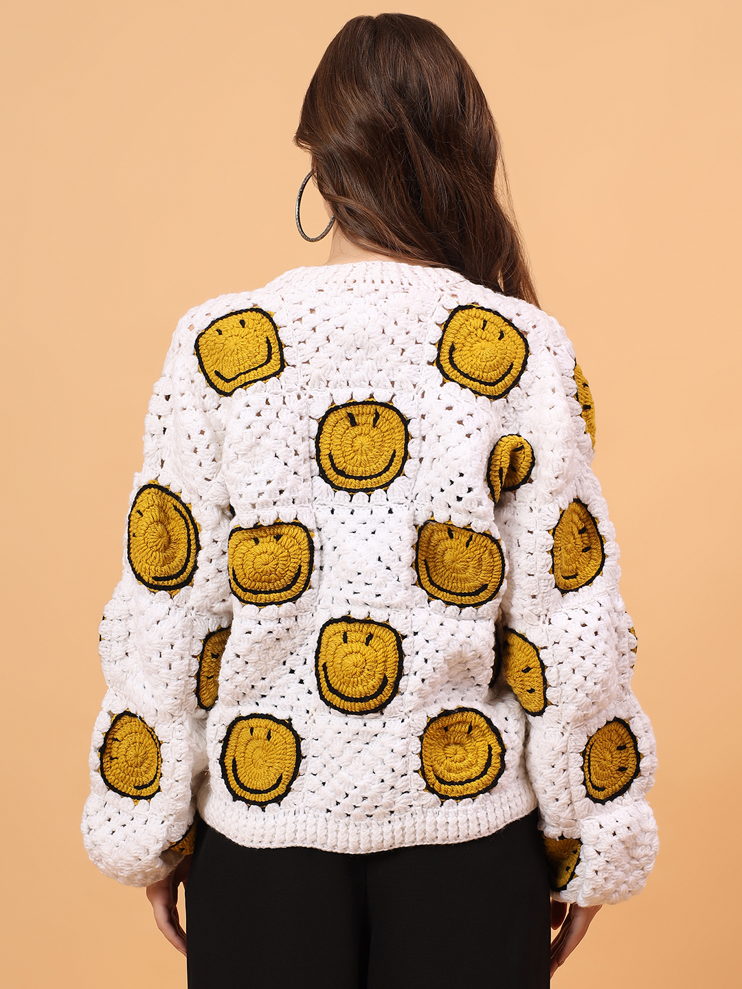 Velvery Crochet Oversized Smiley Face Cardigan - Cream