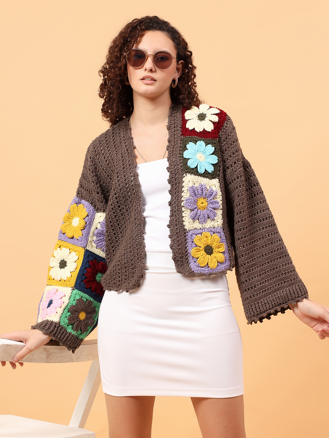 Velvery Crochet Colorful Floral Cardigan - Black