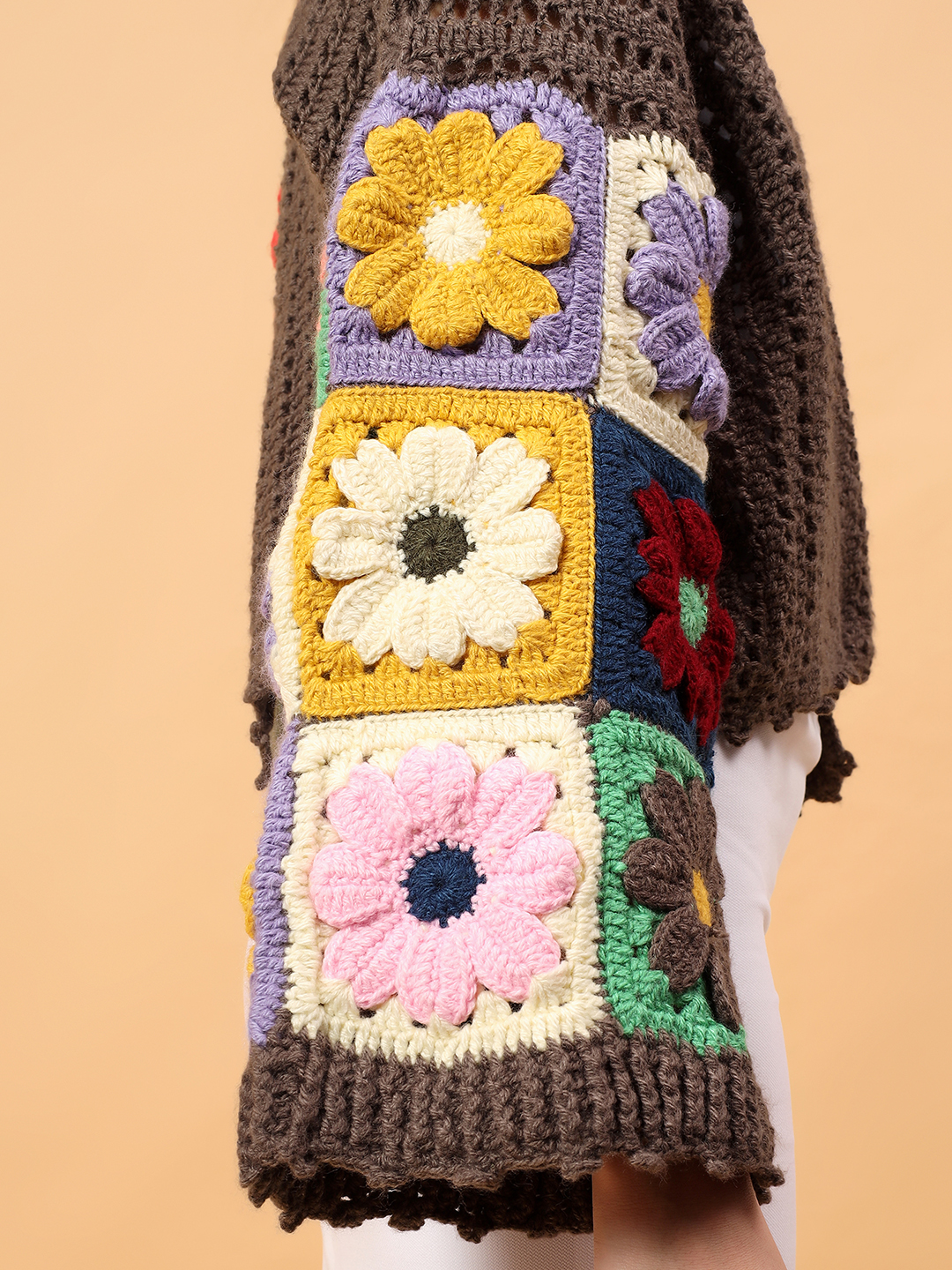Velvery Crochet Colorful Floral Cardigan - Black