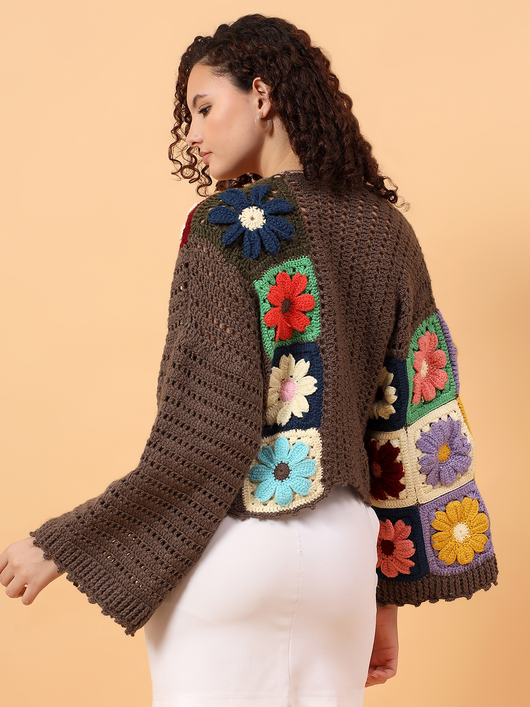 Velvery Crochet Colorful Floral Cardigan - Black