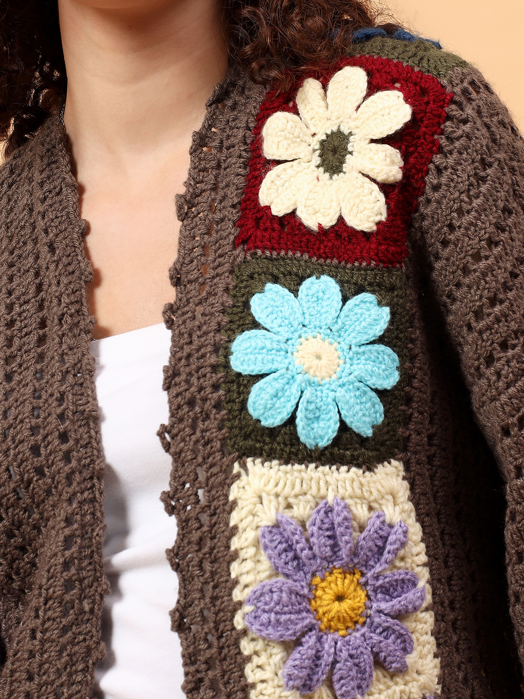 Velvery Crochet Colorful Floral Cardigan - Black