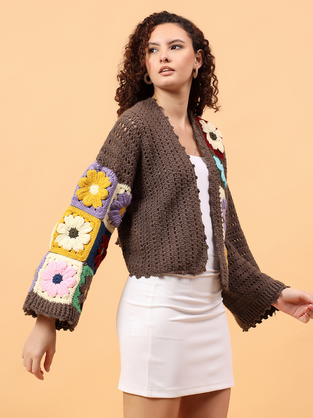 Velvery Crochet Colorful Floral Cardigan - Black