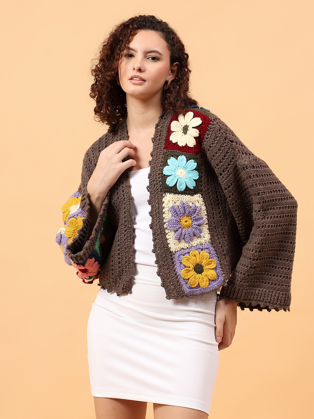 Velvery Crochet Colorful Floral Cardigan - Black