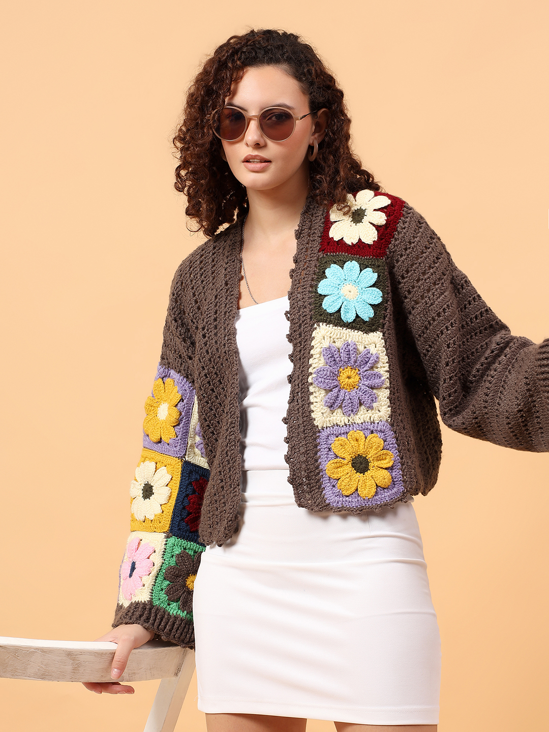 Velvery Crochet Colorful Floral Cardigan - Black