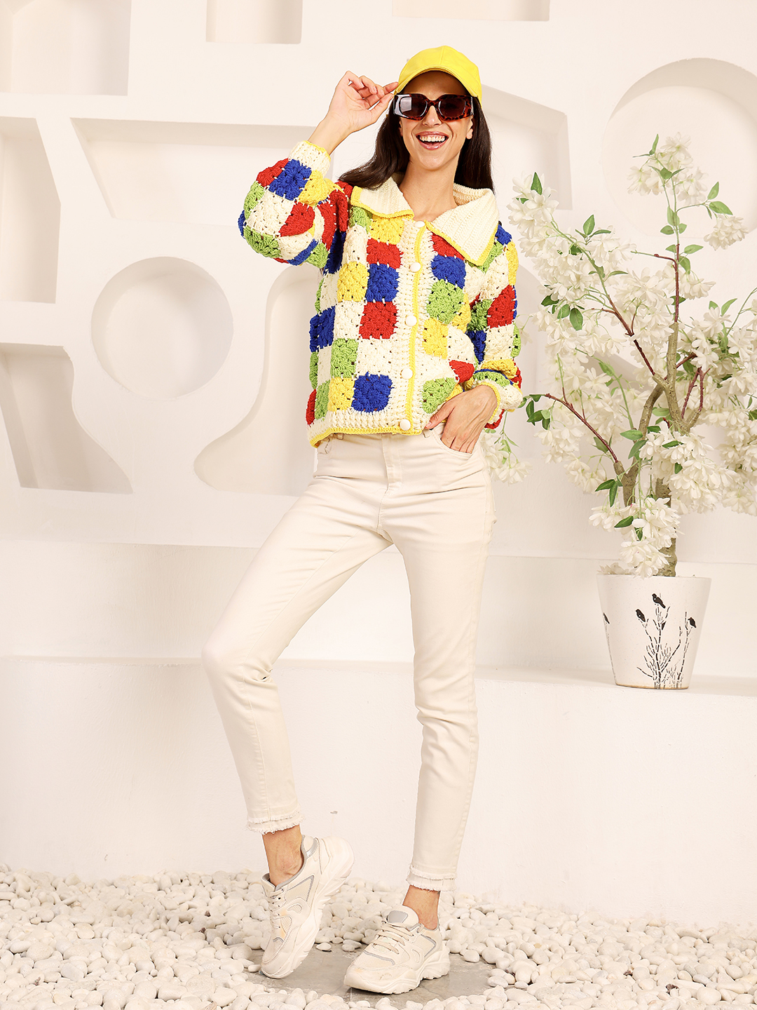 Crochet Shirt Collar Granny Square Cardigan - Multi