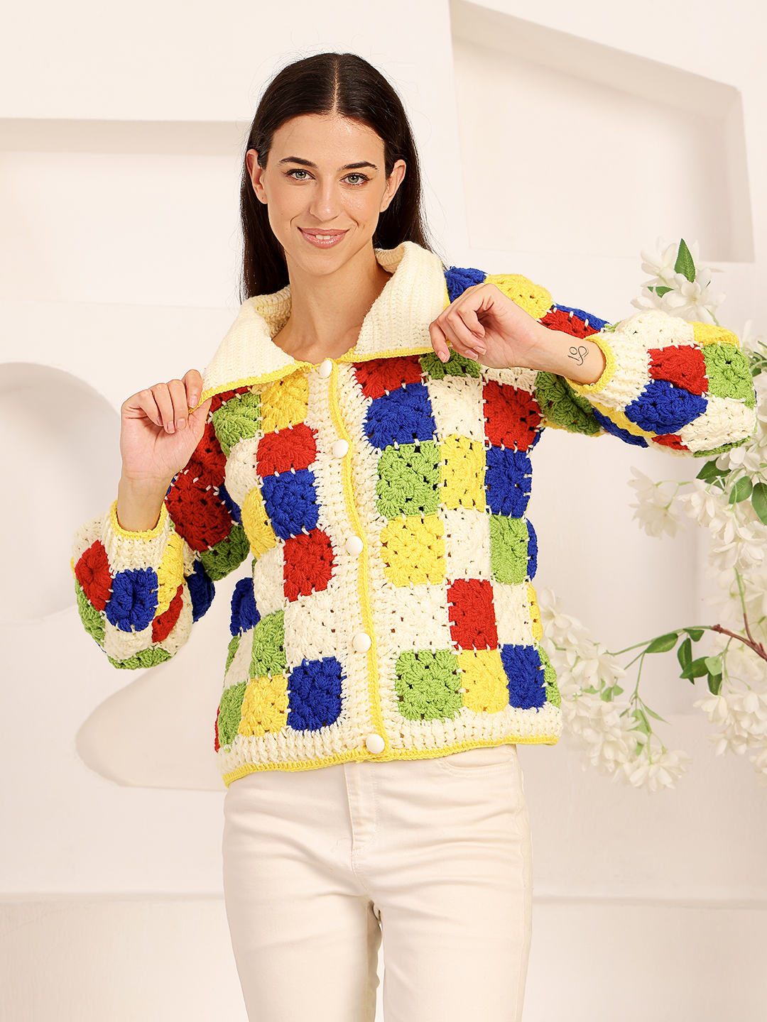 Crochet Shirt Collar Granny Square Cardigan - Multi