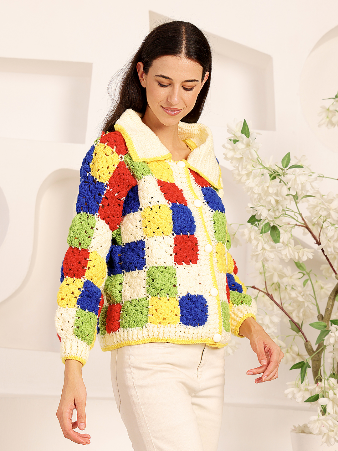 Crochet Shirt Collar Granny Square Cardigan - Multi