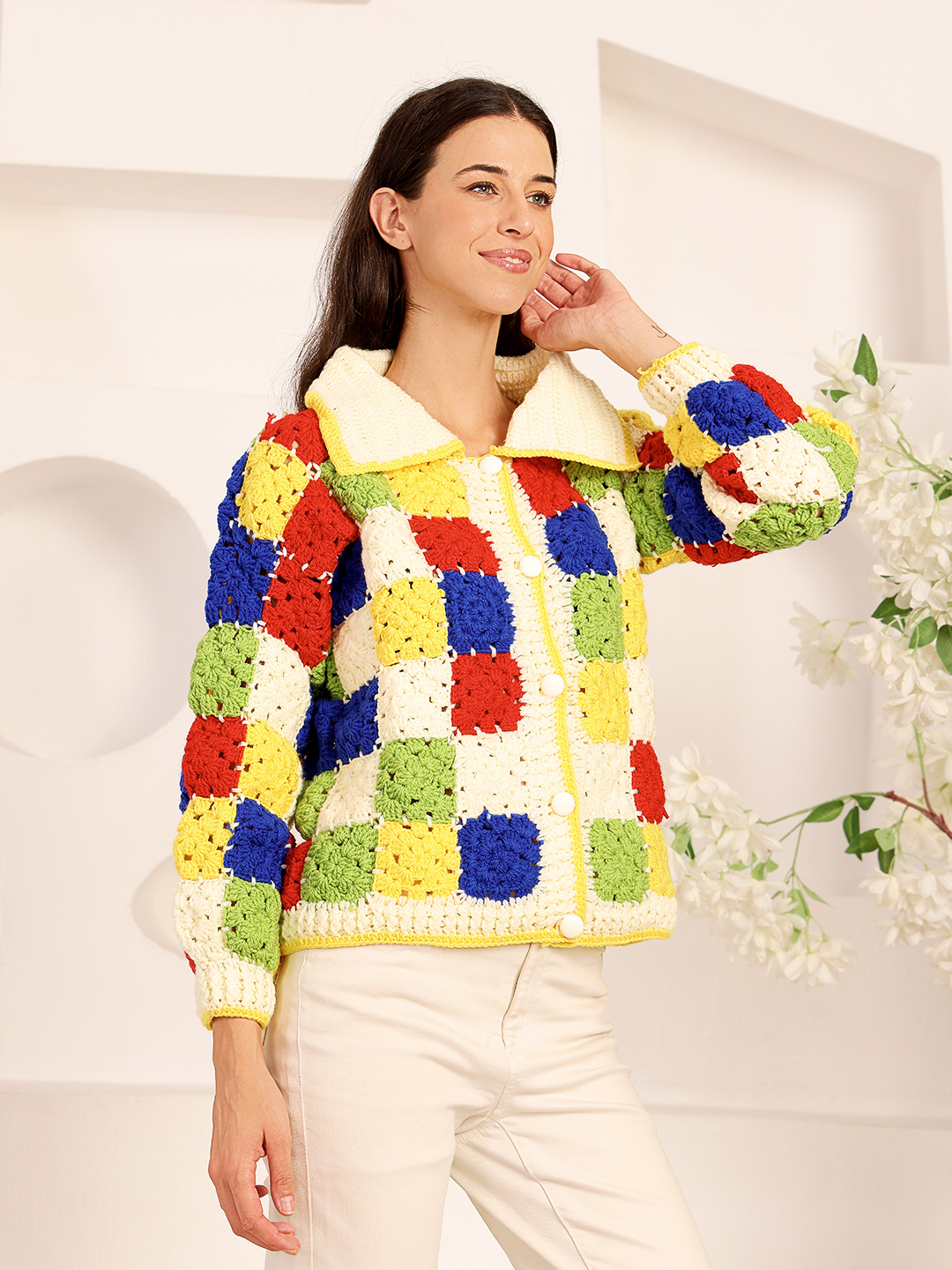 Crochet Shirt Collar Granny Square Cardigan - Multi