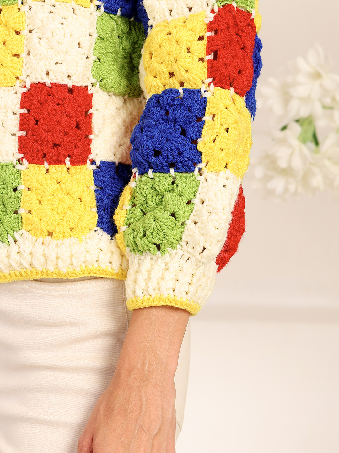 Crochet Shirt Collar Granny Square Cardigan - Multi