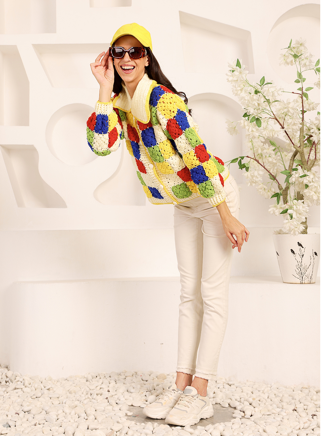 Crochet Shirt Collar Granny Square Cardigan - Multi