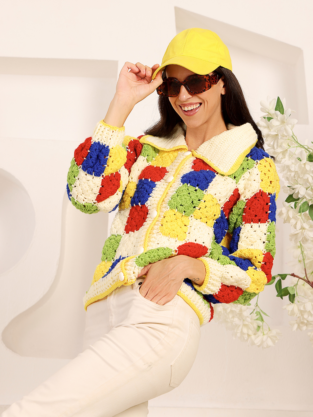 Crochet Shirt Collar Granny Square Cardigan - Multi