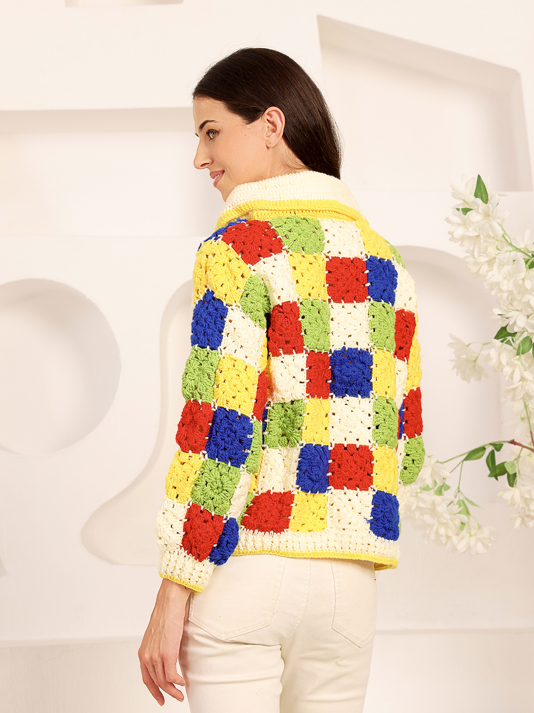 Crochet Shirt Collar Granny Square Cardigan - Multi