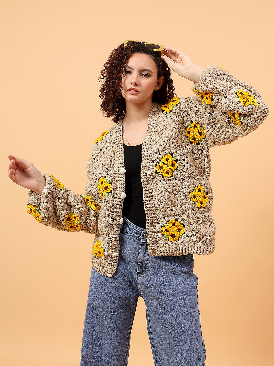 Velvery Crochet Oversized Baggy Cardigan - Beige