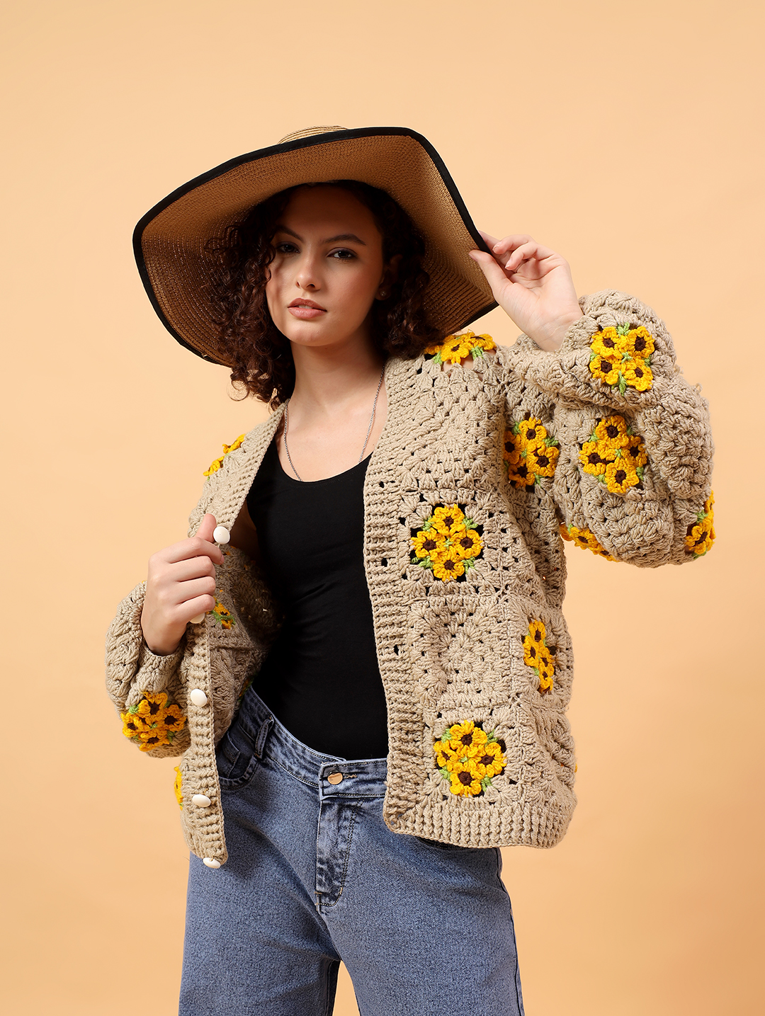 Velvery Crochet Oversized Baggy Cardigan - Beige