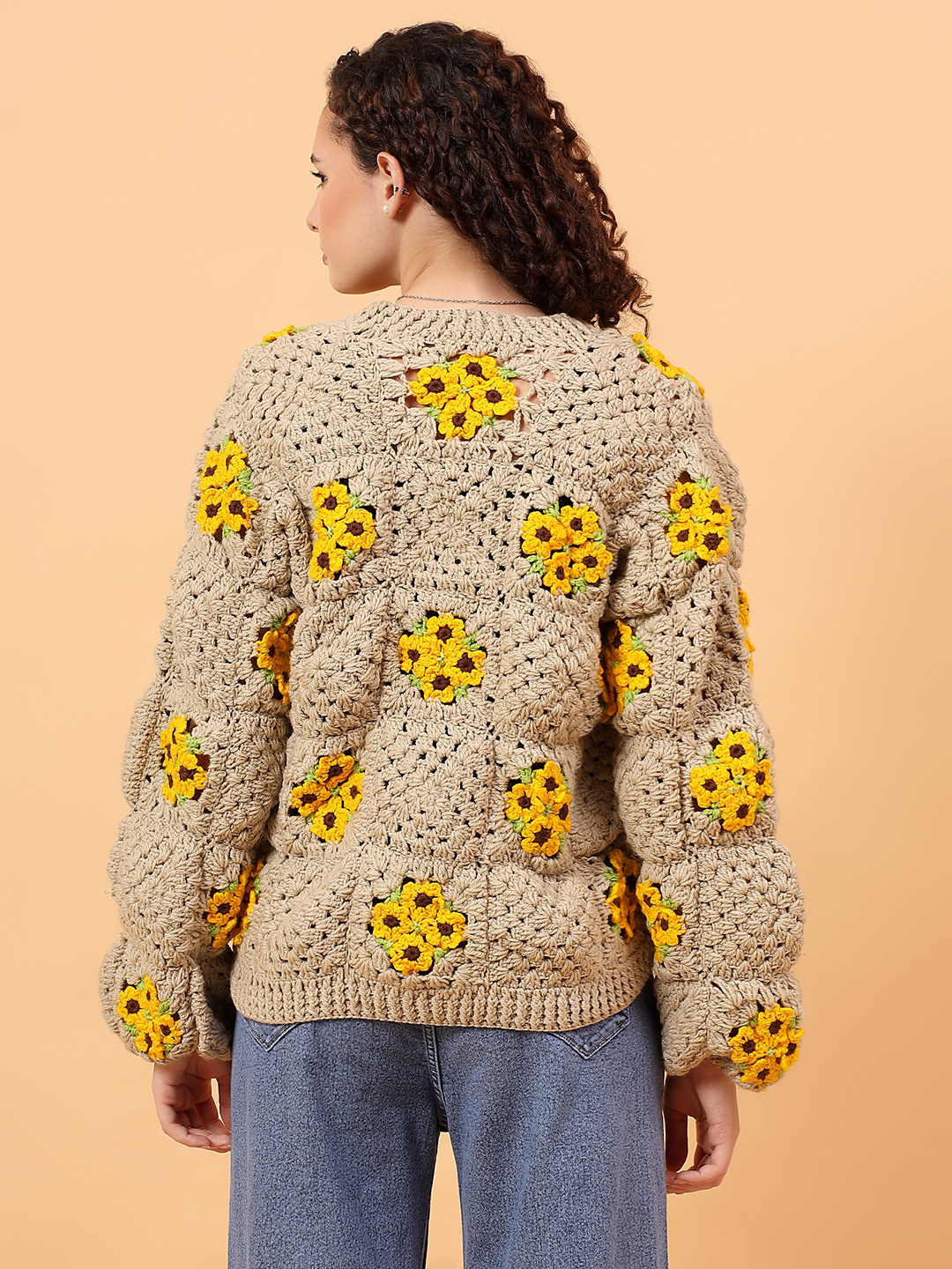 Velvery Crochet Oversized Baggy Cardigan - Beige
