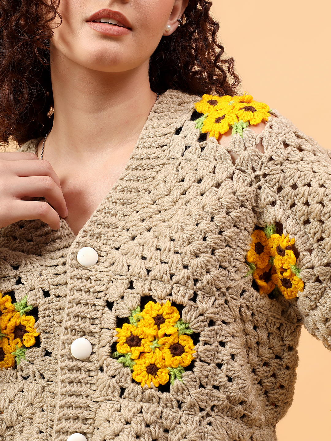 Velvery Crochet Oversized Baggy Cardigan - Beige