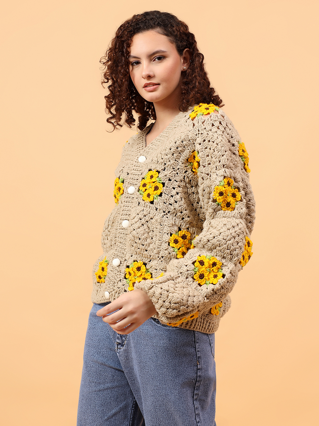 Velvery Crochet Oversized Baggy Cardigan - Beige