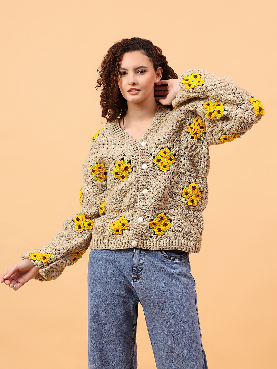 Velvery Crochet Oversized Baggy Cardigan - Beige
