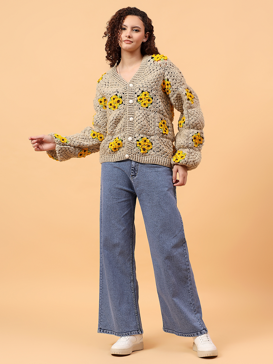 Velvery Crochet Oversized Baggy Cardigan - Beige