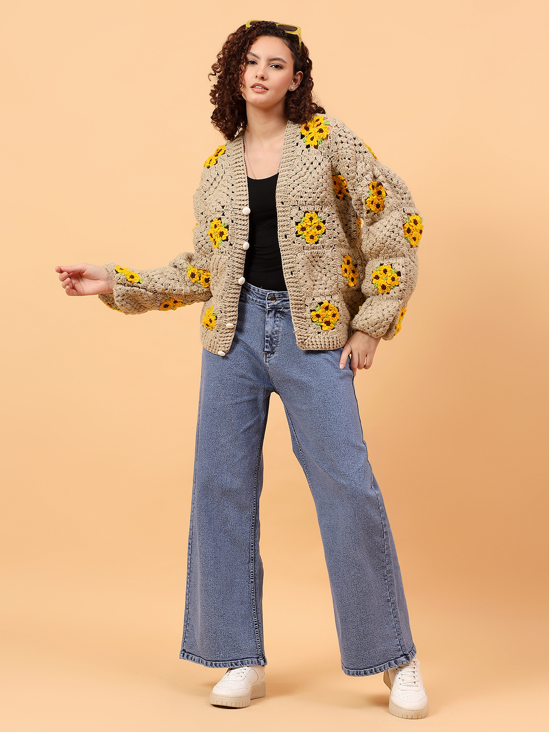 Velvery Crochet Oversized Baggy Cardigan - Beige