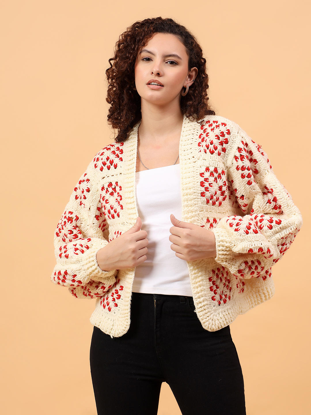 Velvery Crochet Front Openable Cardigan - Off White