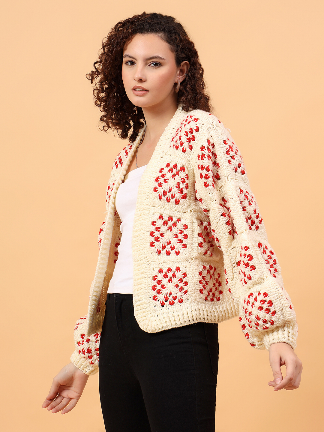 Velvery Crochet Front Openable Cardigan - Off White