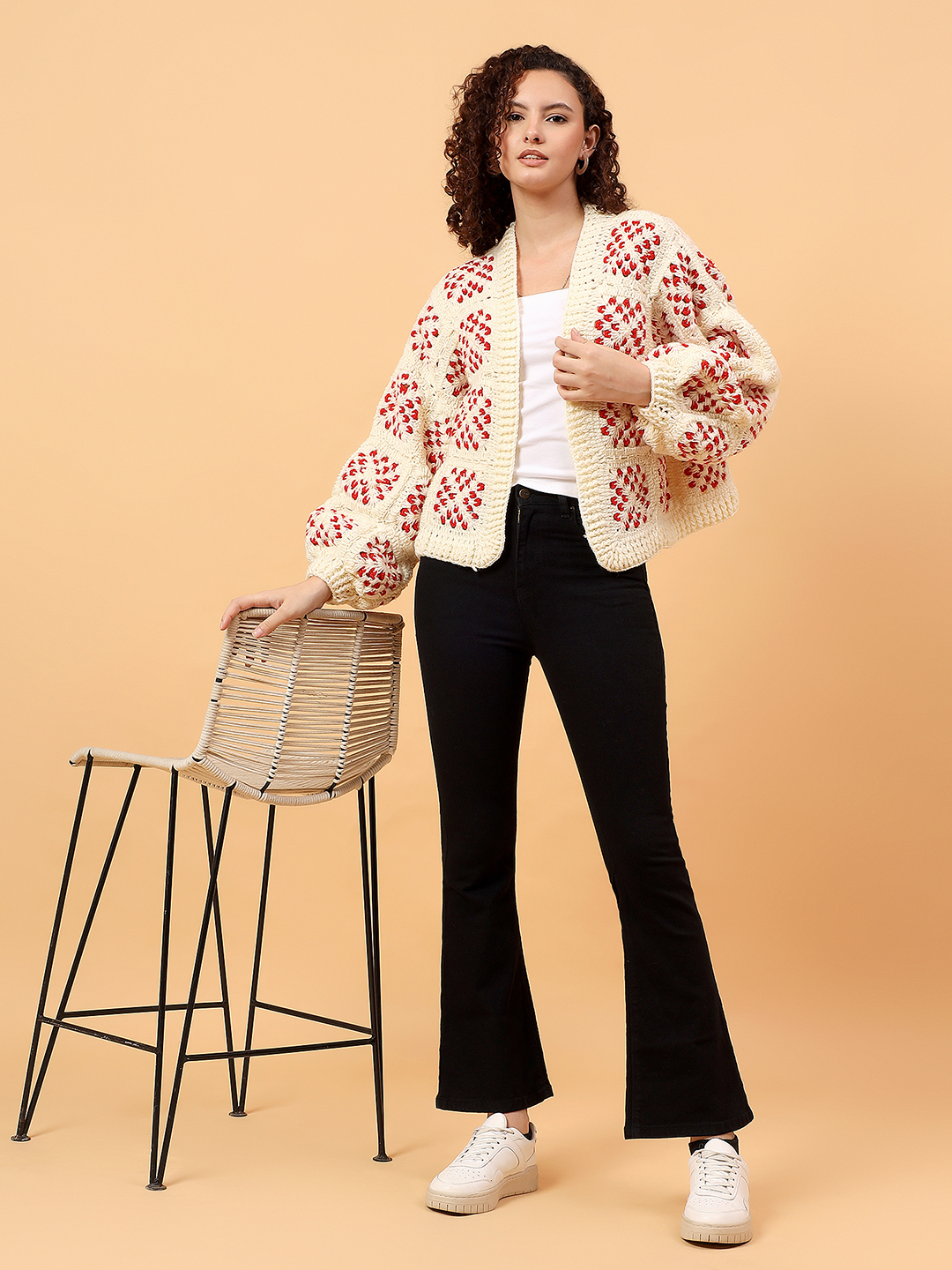 Velvery Crochet Front Openable Cardigan - Off White
