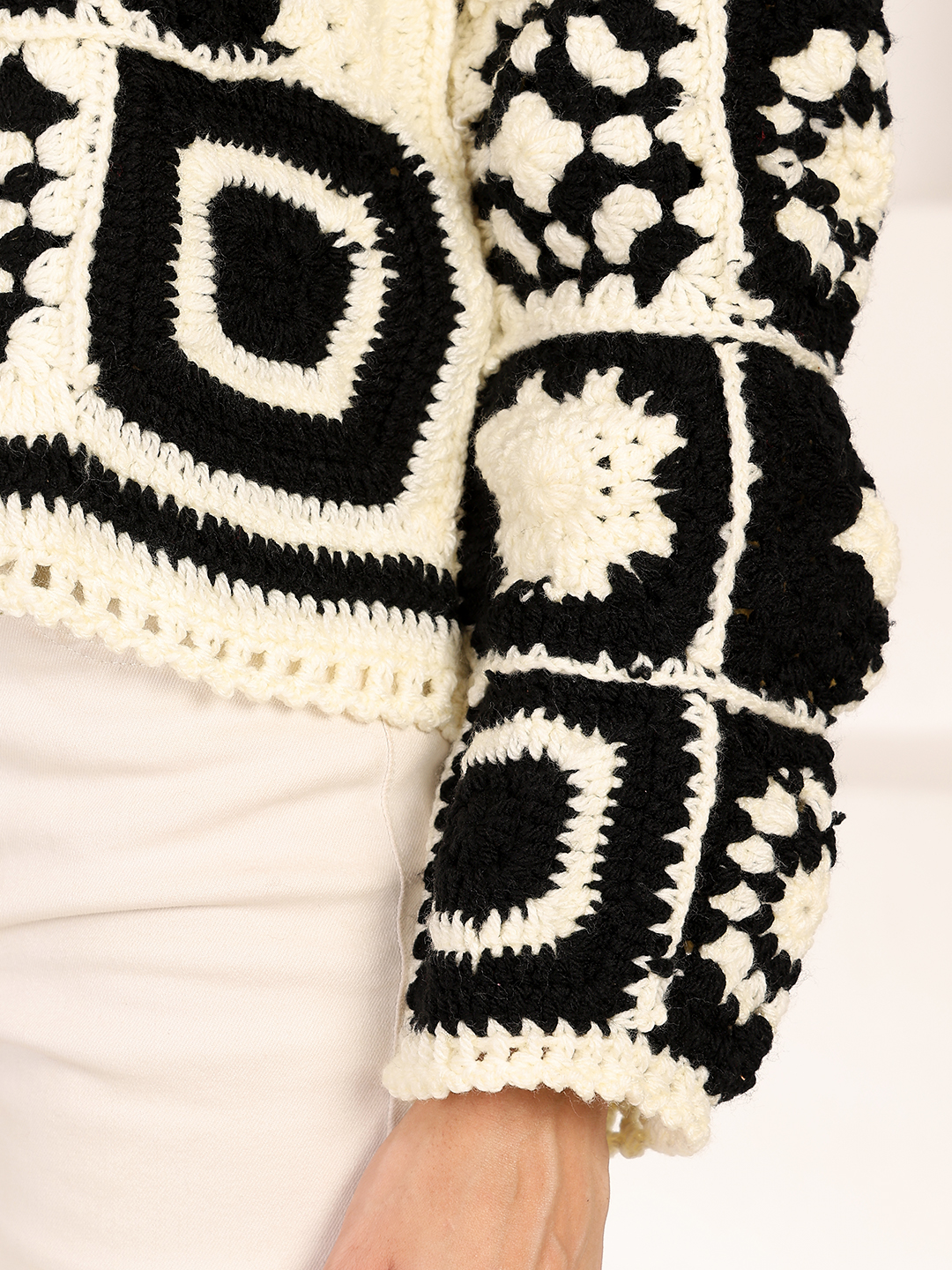 Velvery Crochet Black and White Cardigan - Black