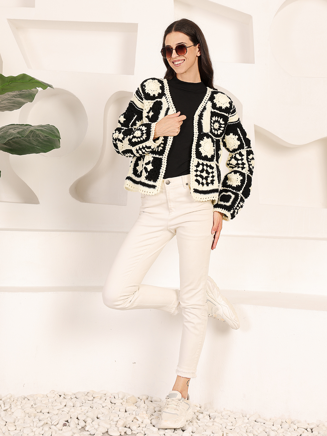 Velvery Crochet Black and White Cardigan - Black
