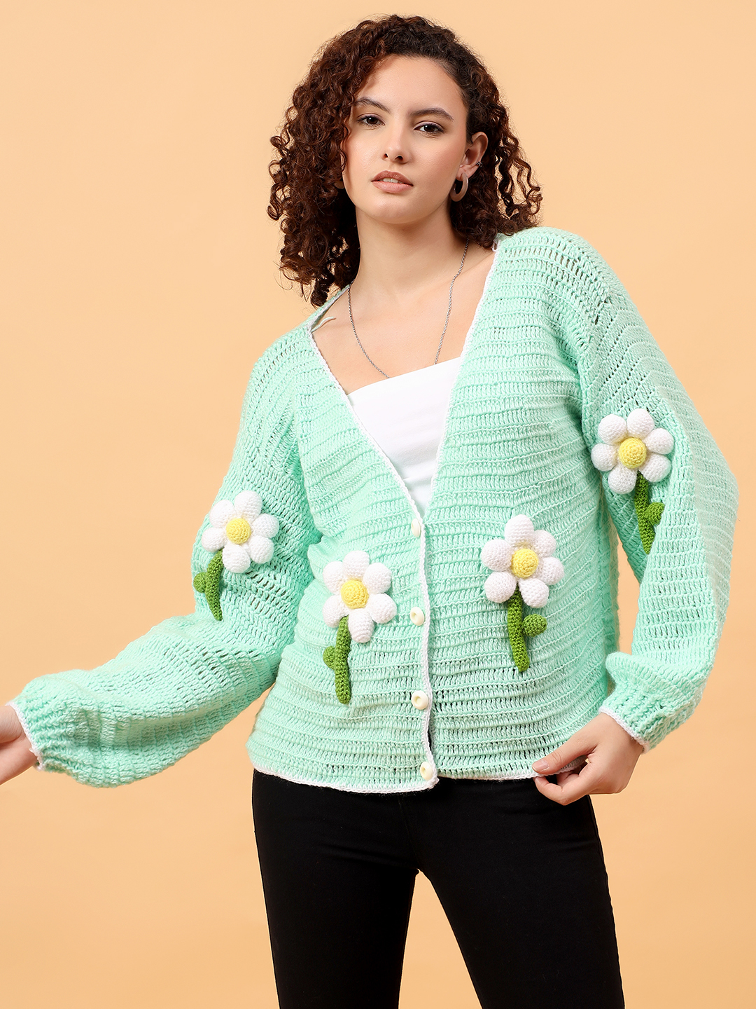 Crochet Pinteresty Floral Applique Cardigan - Green