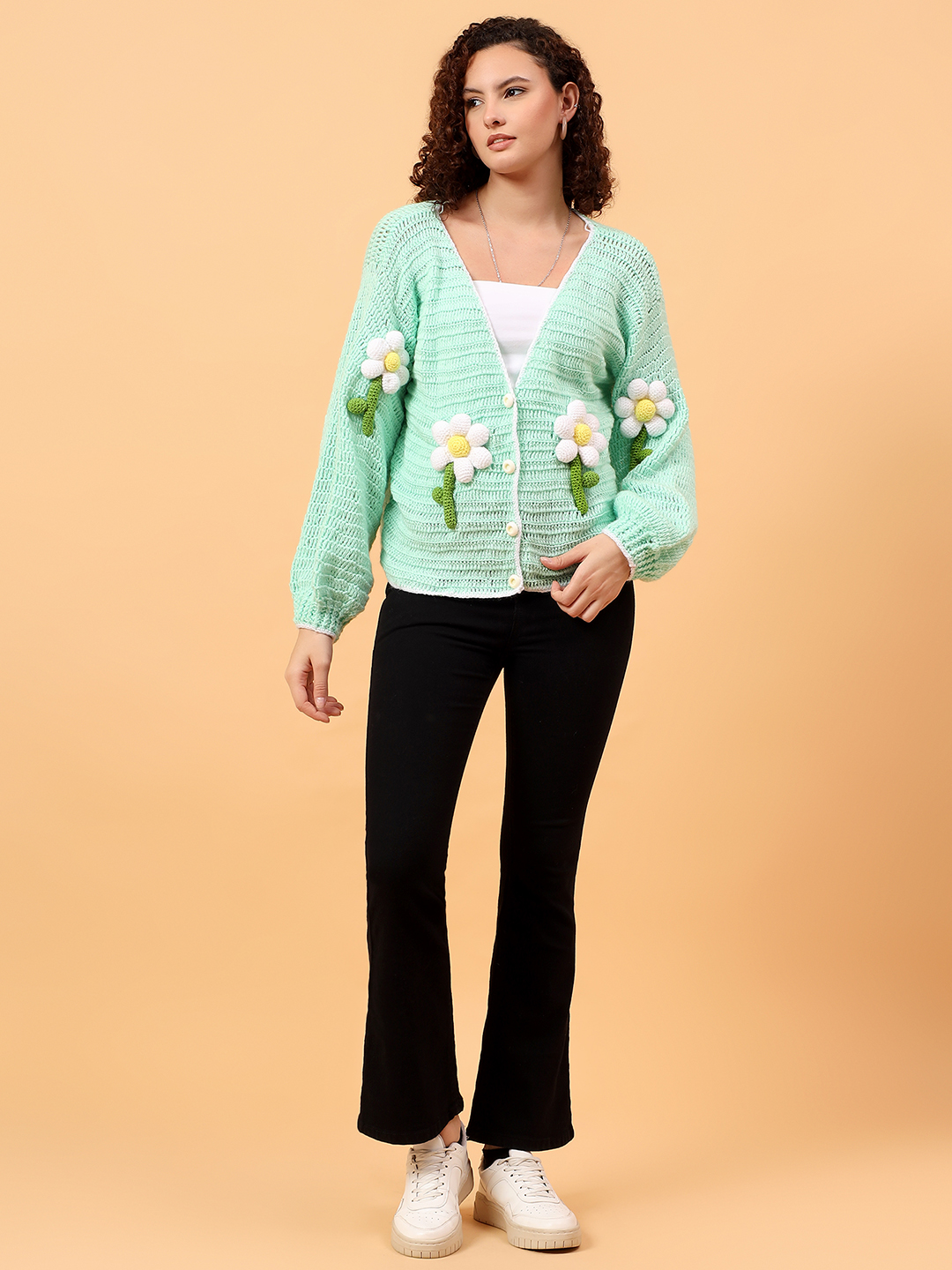 Crochet Pinteresty Floral Applique Cardigan - Green
