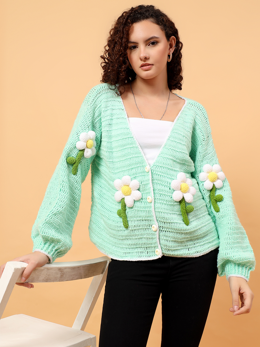 Crochet Pinteresty Floral Applique Cardigan - Green