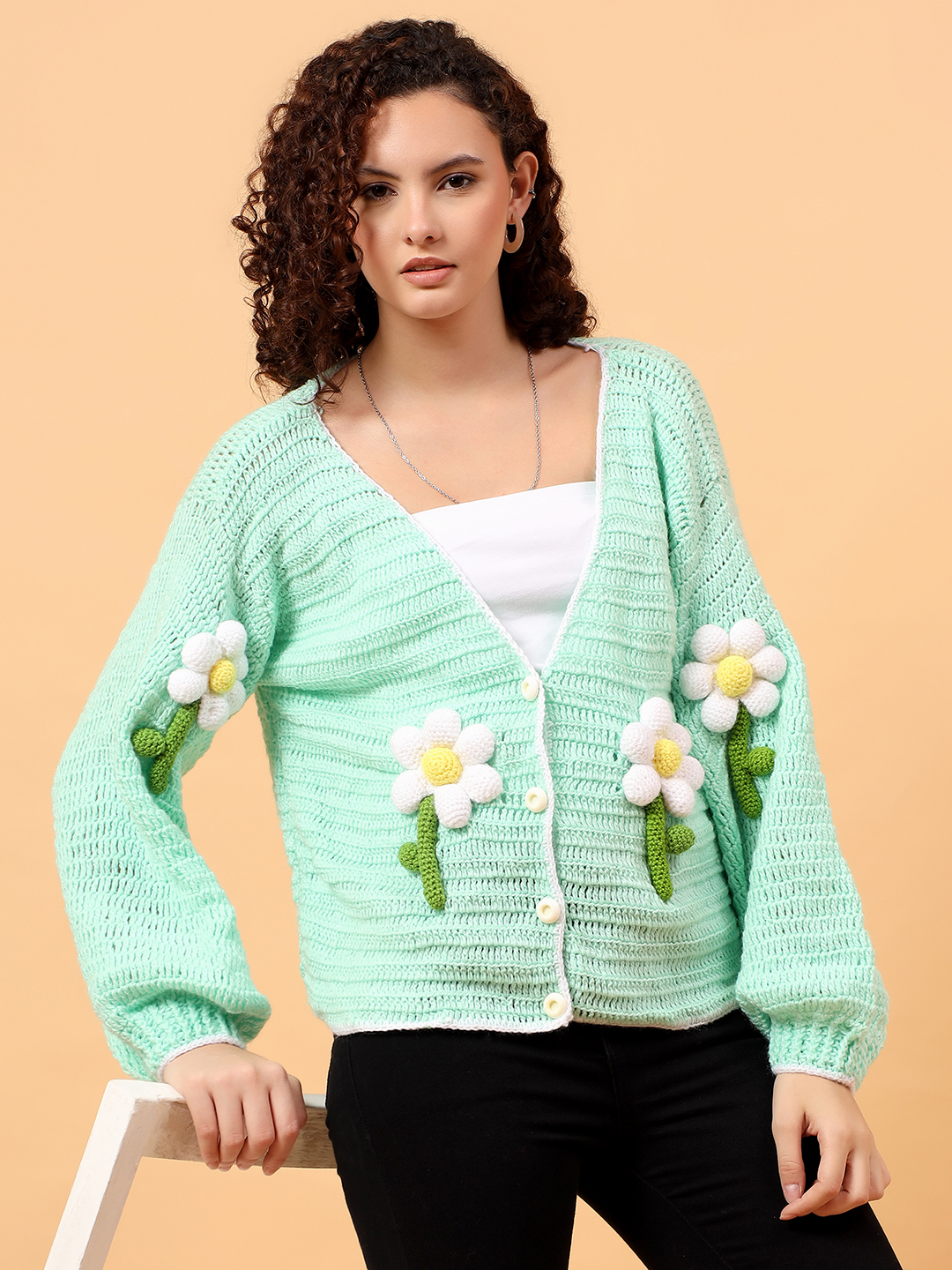 Crochet Pinteresty Floral Applique Cardigan - Green