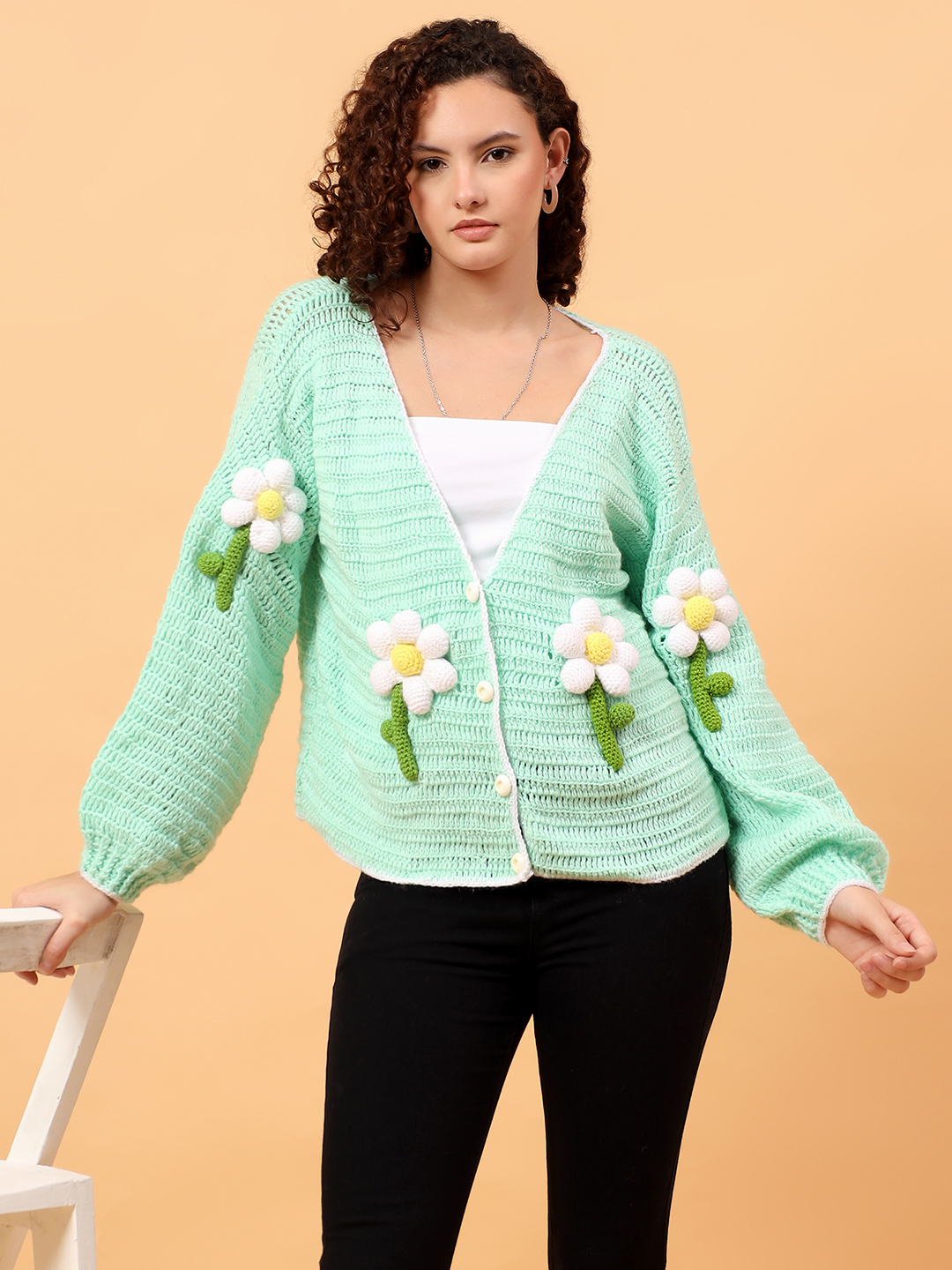 Crochet Pinteresty Floral Applique Cardigan - Green