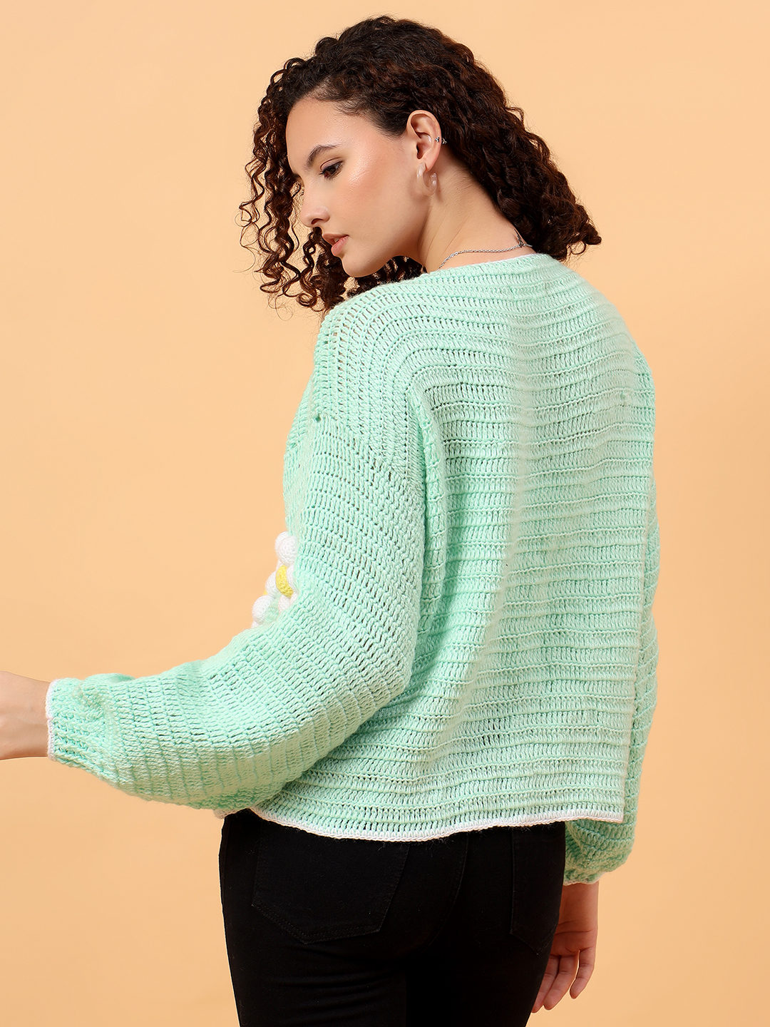 Crochet Pinteresty Floral Applique Cardigan - Green