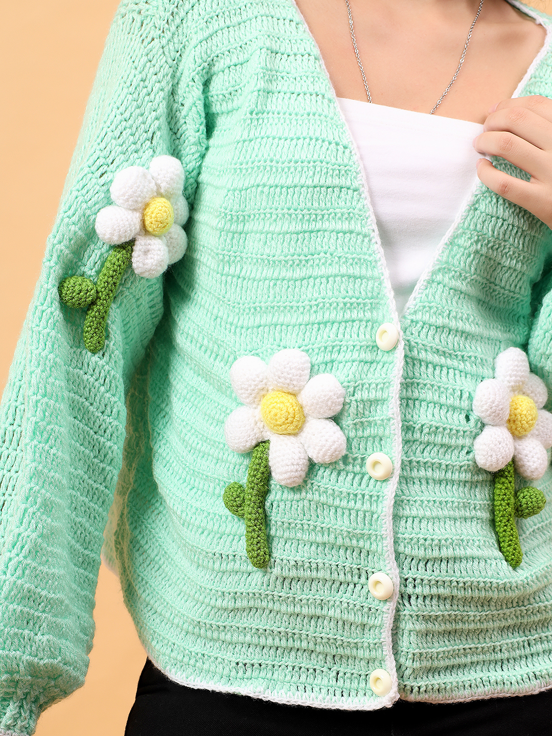 Crochet Pinteresty Floral Applique Cardigan - Green