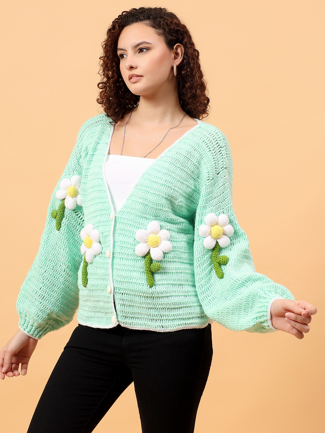 Crochet Pinteresty Floral Applique Cardigan - Green