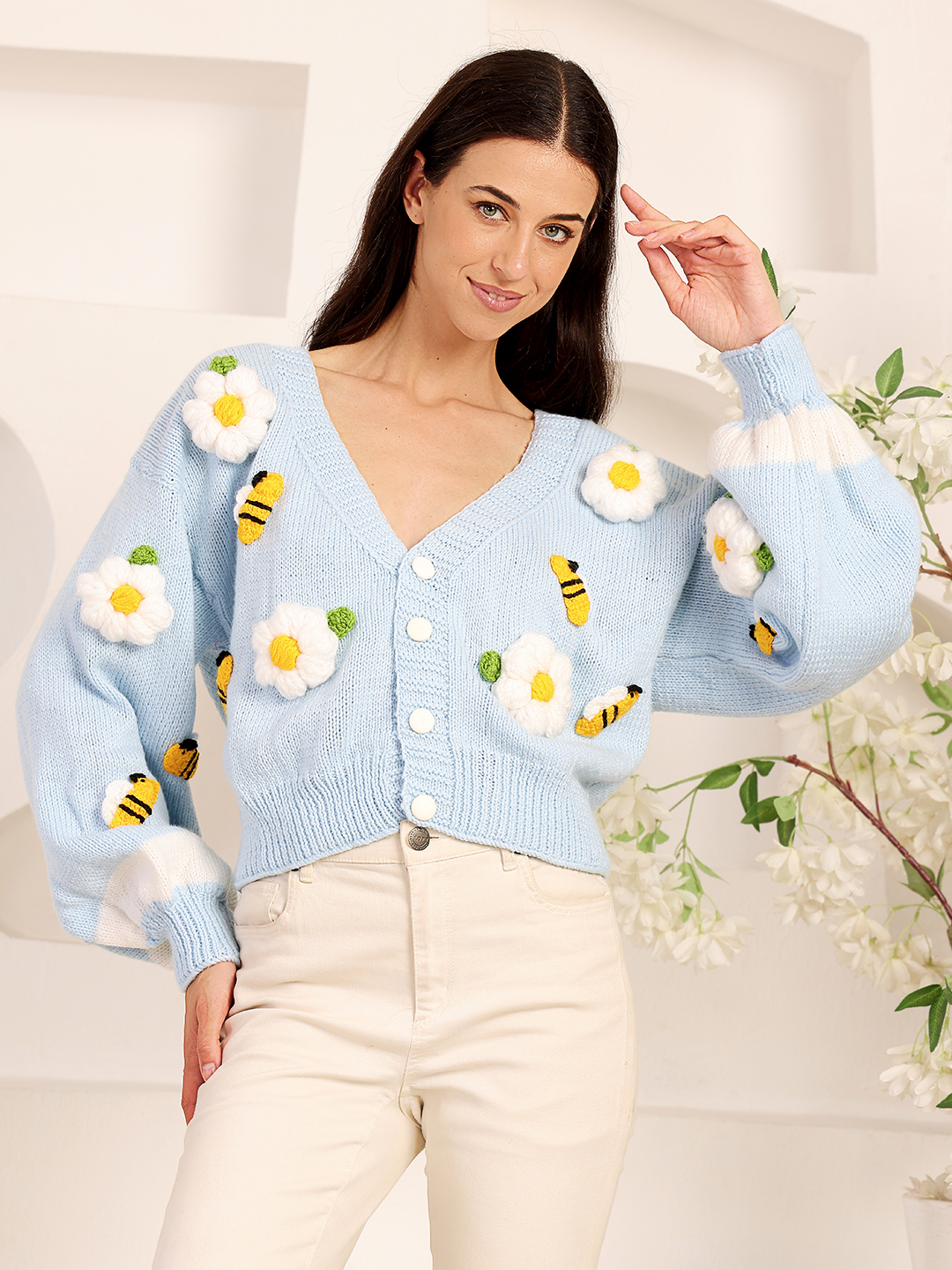 Trendy Daisy and Bee Embroidered Cardigan - White