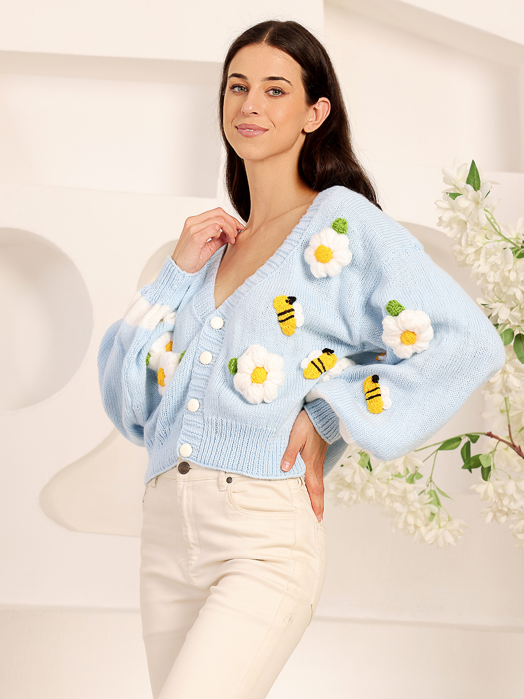 Trendy Daisy and Bee Embroidered Cardigan - White