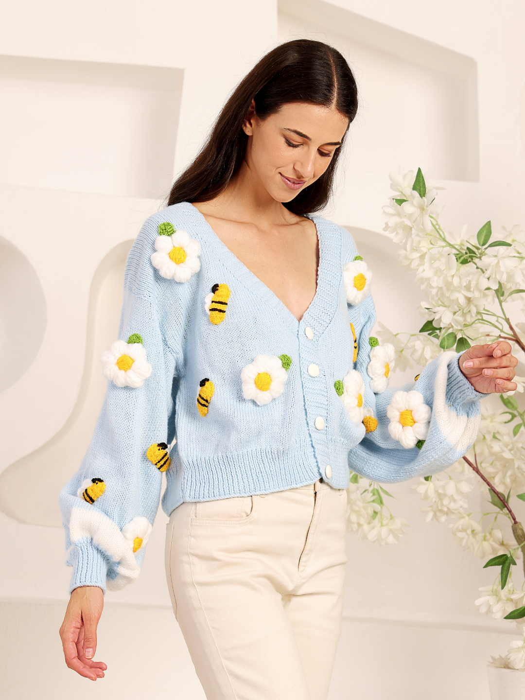 Trendy Daisy and Bee Embroidered Cardigan - White