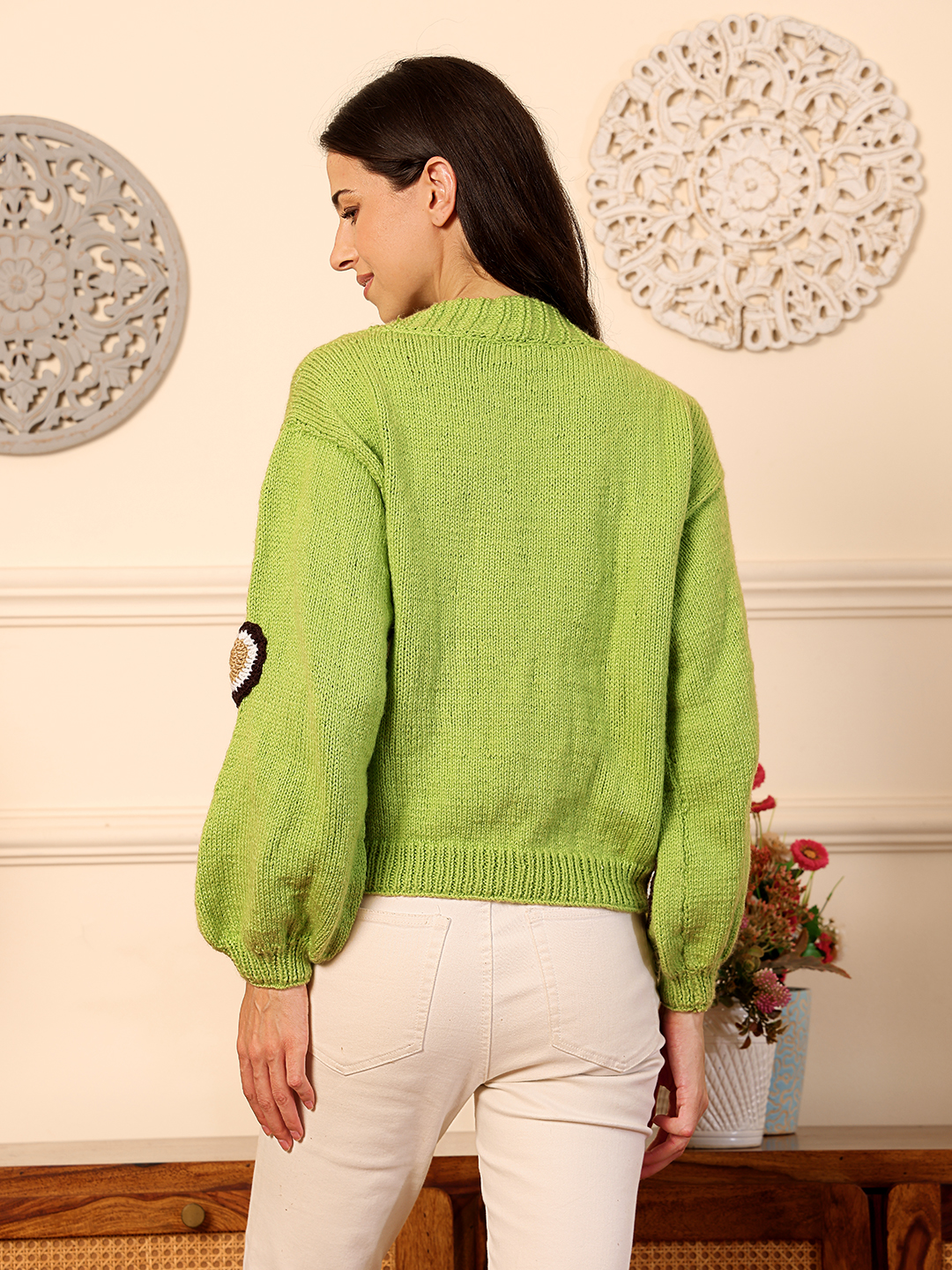 Trendy Knitted Heart Applique Cardigan - Green